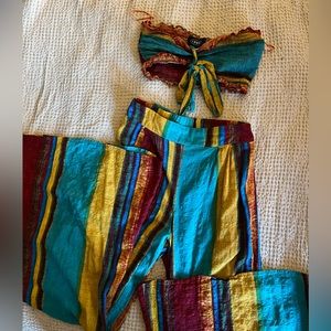 Colorful Two Piece Flow Stripe Pants Matching Set Rainbow Tube Top